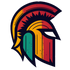 A stylized Spartan helmet logo featuring vertical stripes of red, yellow, and green with a dark navy outline, centered on a plain white background.